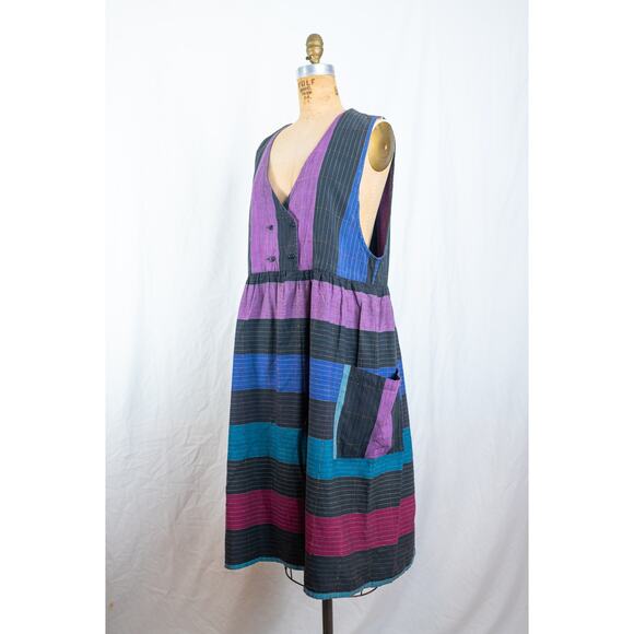 Vintage 80s India Cotton Striped Jumper Dress, Artsy Boho Retro Pinafore, Medium - Picture 1 of 12